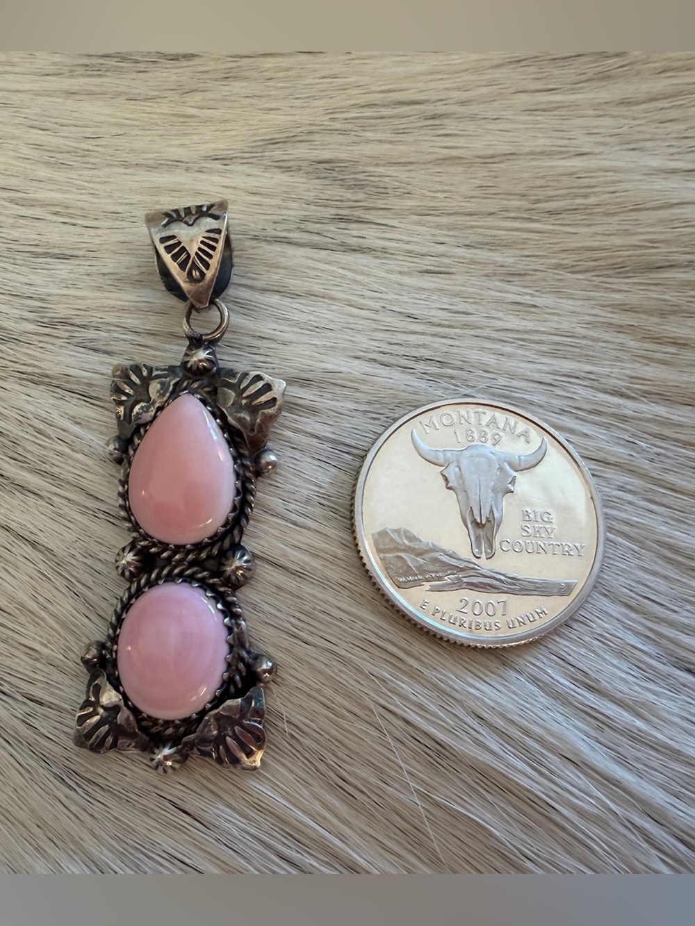 ❤️ Queen Pink Conch Navajo Style 2 Stone 9.3Gm Sterling Silver Pendant 2.06”L - Picture 7 of 15
